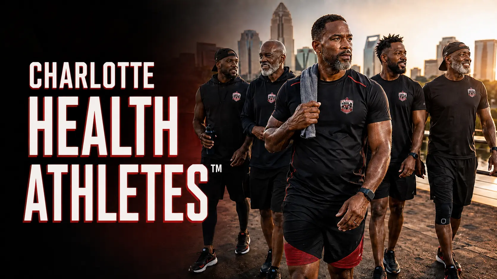 Charlotte Health Athletes™ — Black men walking together in team gear along the Charlotte waterfront at sunset
